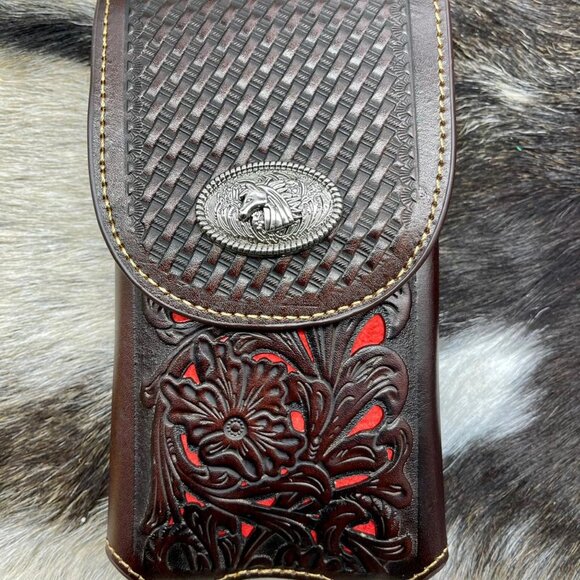 Western Cowboy Genuine Leather Design With Horse Concho Belt Loop Cell Phone Hol - Picture 1 of 4